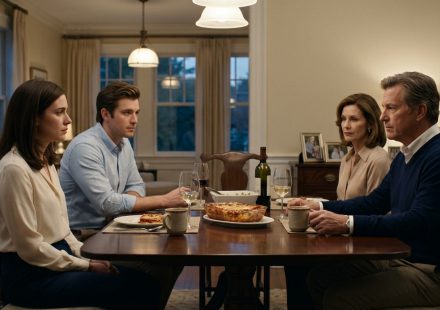 A young woman sits quietly beside her boyfriend at an elegant family dinner while her parents enthusiastically celebrate her older sister's engagement.