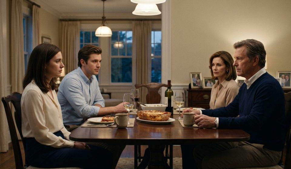 A young woman sits quietly beside her boyfriend at an elegant family dinner while her parents enthusiastically celebrate her older sister's engagement.