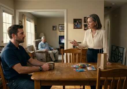 A 35-year-old father confronts his mother in a tense living room conversation after she demands that he cancel his son's tenth birthday celebration.