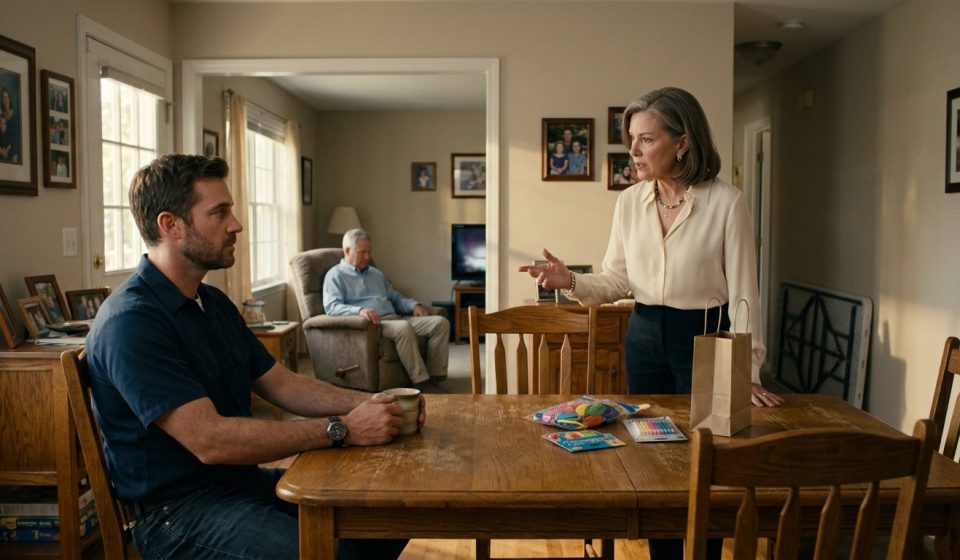 A 35-year-old father confronts his mother in a tense living room conversation after she demands that he cancel his son's tenth birthday celebration.