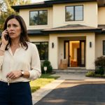 A shocked woman stands outside her newly purchased suburban home, holding her house keys while speaking to her mother on the phone.