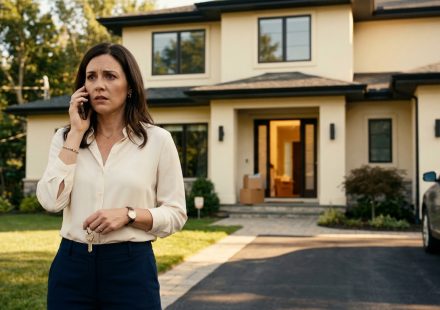 A shocked woman stands outside her newly purchased suburban home, holding her house keys while speaking to her mother on the phone.