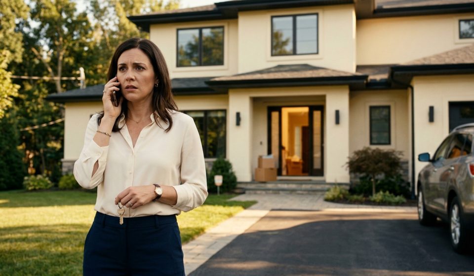 A shocked woman stands outside her newly purchased suburban home, holding her house keys while speaking to her mother on the phone.
