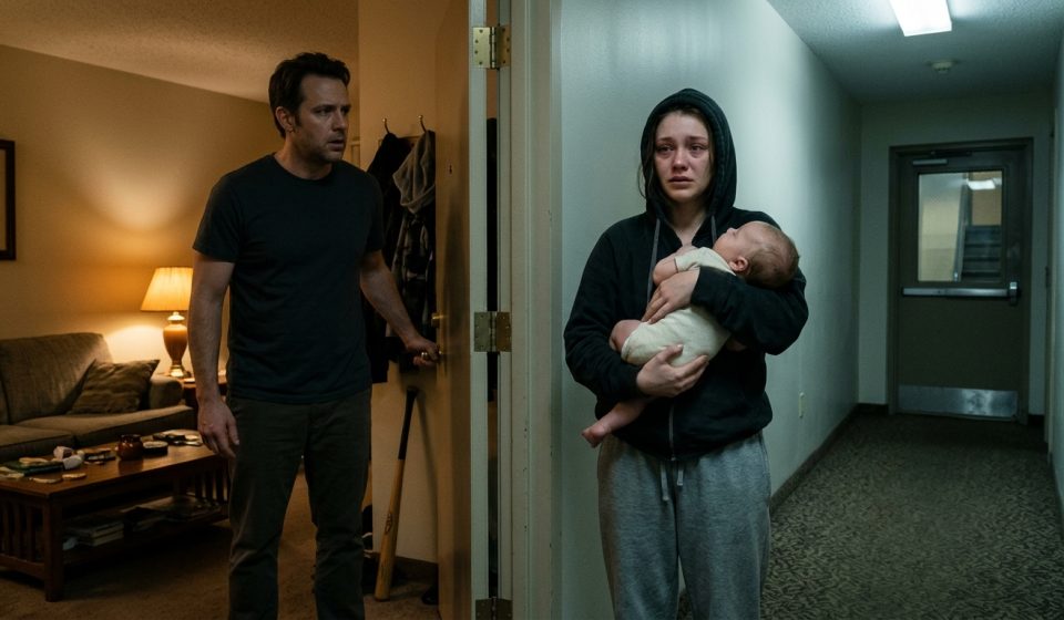 A frightened teenage mother holding her baby stands outside her neighbor's apartment door at 3 a.m., desperately asking him for help.