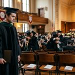 A newly graduated doctor stands alone holding his diploma beside empty reserved family seats at a university ceremony after his family skipped his medical school graduation.