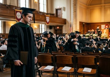 A newly graduated doctor stands alone holding his diploma beside empty reserved family seats at a university ceremony after his family skipped his medical school graduation.