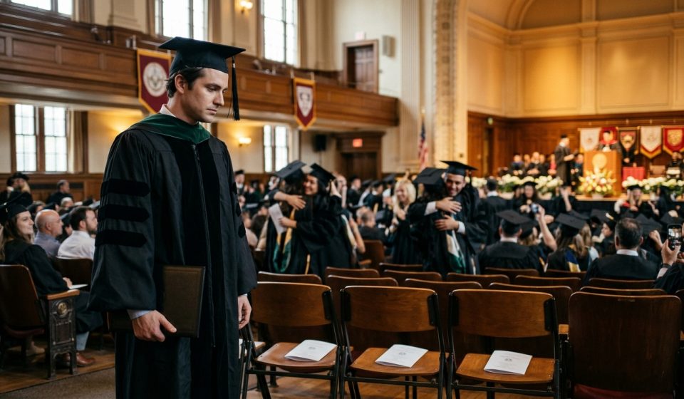 A newly graduated doctor stands alone holding his diploma beside empty reserved family seats at a university ceremony after his family skipped his medical school graduation.