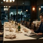 A 31-year-old woman sits alone at a luxurious restaurant table surrounded by empty chairs, studying an enormous dinner bill after her family abandoned her.
