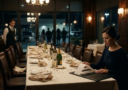A 31-year-old woman sits alone at a luxurious restaurant table surrounded by empty chairs, studying an enormous dinner bill after her family abandoned her.