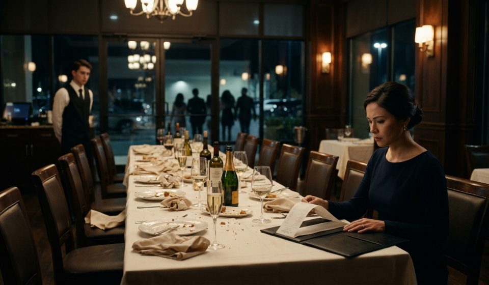 A 31-year-old woman sits alone at a luxurious restaurant table surrounded by empty chairs, studying an enormous dinner bill after her family abandoned her.