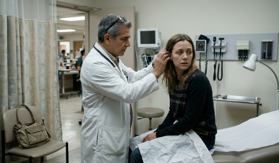 Cheyenne sits frightened in a hospital examination room after she'd had a headache for seven days, while a doctor examines a mysterious lump behind her ear.