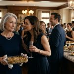 Hazel Voorhees, a modestly dressed elderly widow, holds a homemade casserole at her daughter-in-law Camille's elegant law firm promotion celebration.