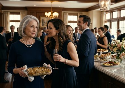 Hazel Voorhees, a modestly dressed elderly widow, holds a homemade casserole at her daughter-in-law Camille's elegant law firm promotion celebration.