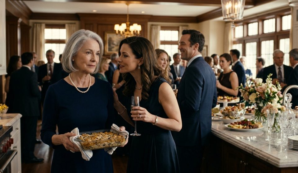 Hazel Voorhees, a modestly dressed elderly widow, holds a homemade casserole at her daughter-in-law Camille's elegant law firm promotion celebration.