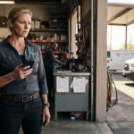 A successful female HVAC business owner sits at her kitchen table holding her phone after learning she is not welcome at her son's wedding.