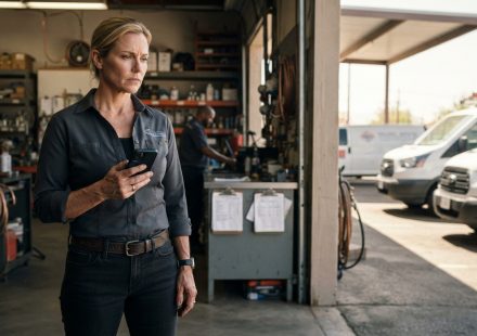 A successful female HVAC business owner sits at her kitchen table holding her phone after learning she is not welcome at her son's wedding.