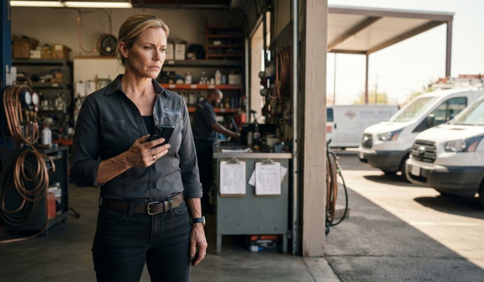 A successful female HVAC business owner sits at her kitchen table holding her phone after learning she is not welcome at her son's wedding.