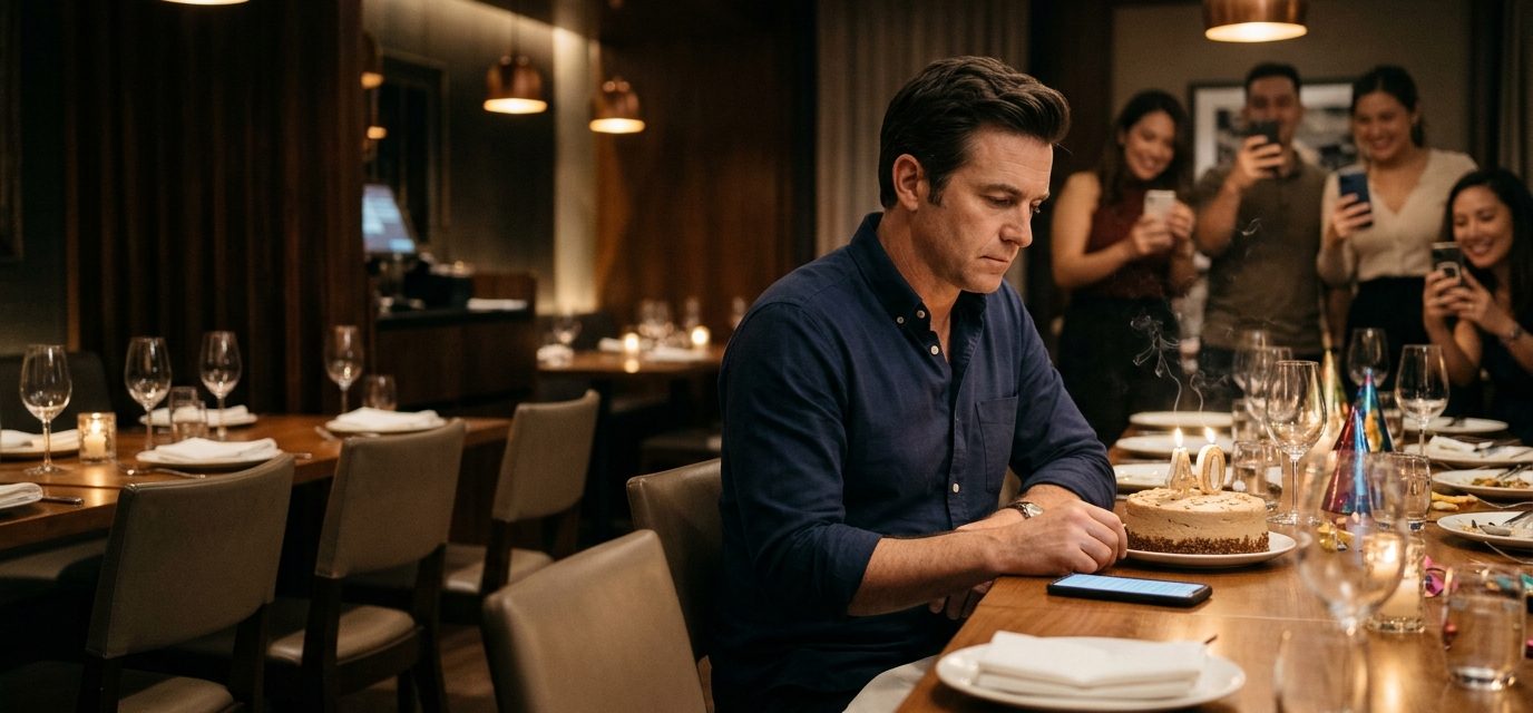 A disappointed man celebrates his 40th birthday at a restaurant with friends while looking at his phone beside empty family seats.
