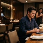A disappointed man celebrates his 40th birthday at a restaurant with friends while looking at his phone beside empty family seats.