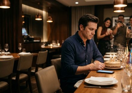 A disappointed man celebrates his 40th birthday at a restaurant with friends while looking at his phone beside empty family seats.