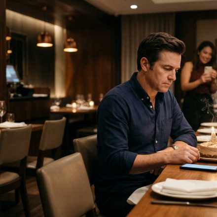 A disappointed man celebrates his 40th birthday at a restaurant with friends while looking at his phone beside empty family seats.