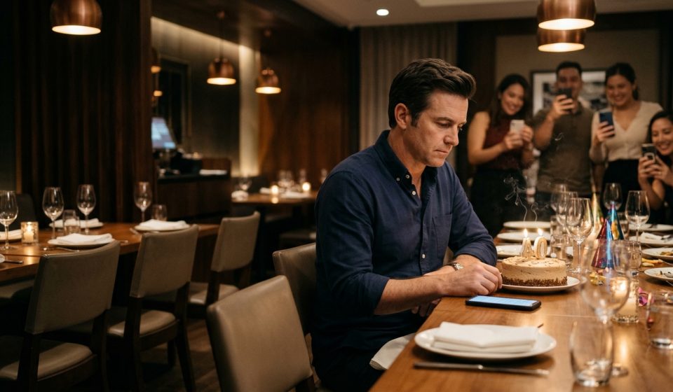A disappointed man celebrates his 40th birthday at a restaurant with friends while looking at his phone beside empty family seats.
