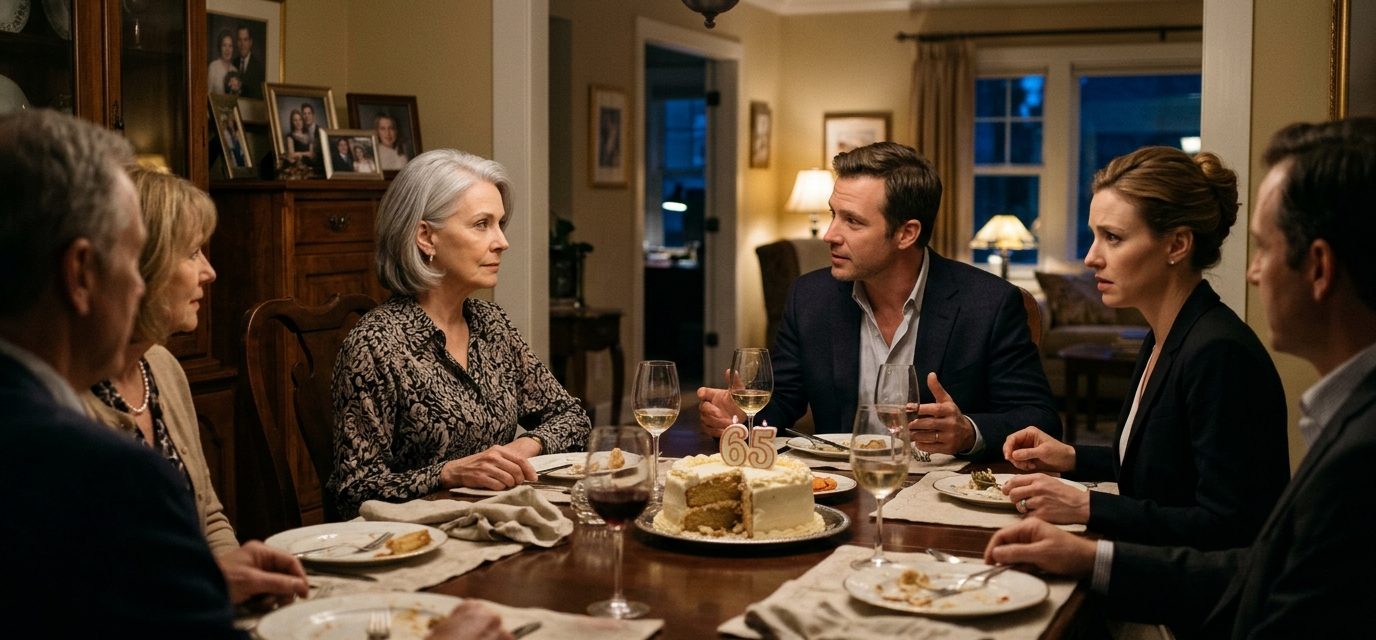 A 65-year-old widow sits at her birthday dinner looking suspiciously toward her son while her anxious daughter-in-law watches from across the table.