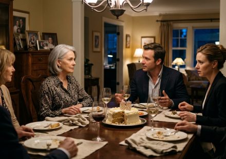 A 65-year-old widow sits at her birthday dinner looking suspiciously toward her son while her anxious daughter-in-law watches from across the table.