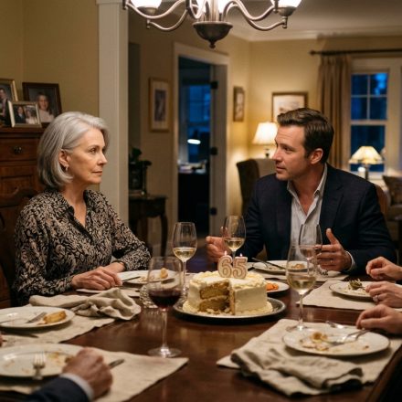A 65-year-old widow sits at her birthday dinner looking suspiciously toward her son while her anxious daughter-in-law watches from across the table.