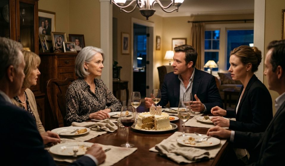A 65-year-old widow sits at her birthday dinner looking suspiciously toward her son while her anxious daughter-in-law watches from across the table.