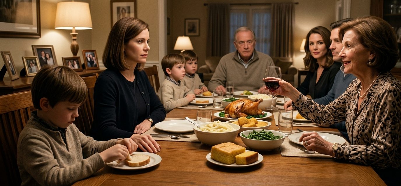 A mother holds her eight-year-old son's hand at a family dinner while his grandmother praises his cousins and overlooks him.