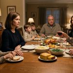 A mother holds her eight-year-old son's hand at a family dinner while his grandmother praises his cousins and overlooks him.
