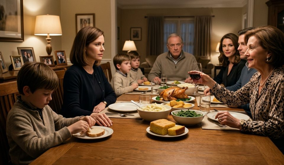 A mother holds her eight-year-old son's hand at a family dinner while his grandmother praises his cousins and overlooks him.