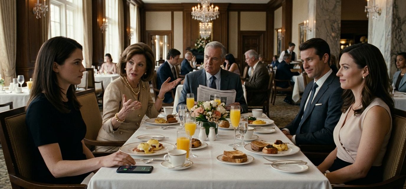A young female technology entrepreneur in a simple black dress faces criticism from her wealthy family during an elegant country club Sunday brunch.