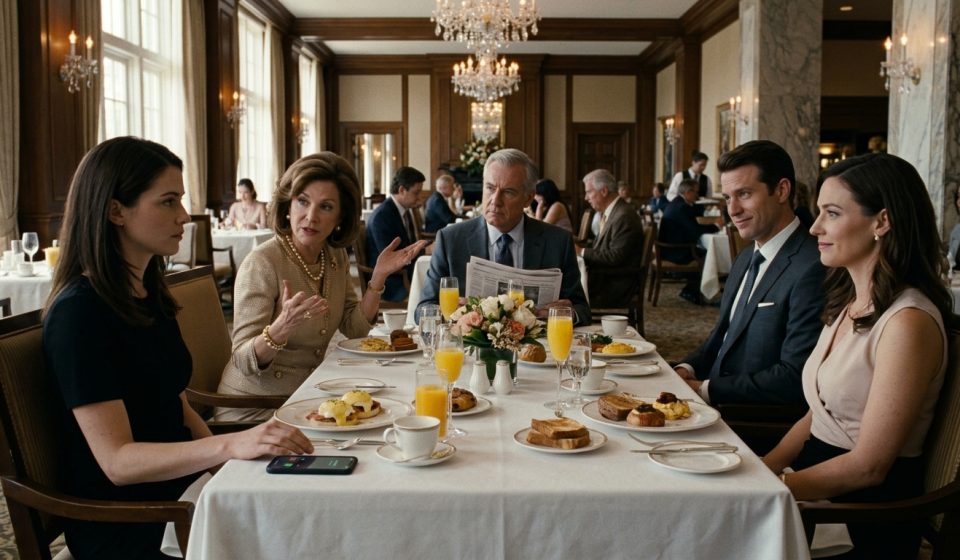 A young female technology entrepreneur in a simple black dress faces criticism from her wealthy family during an elegant country club Sunday brunch.