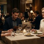A woman at an anniversary dinner while her boyfriend's elegantly dressed mother orders expensive wine beside him.