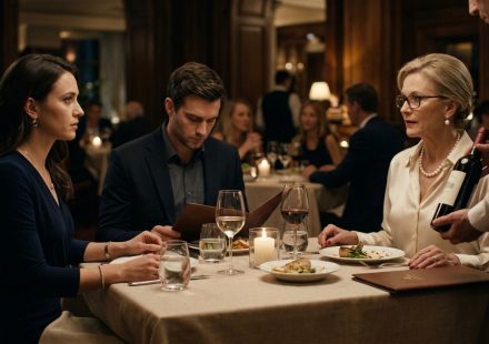 A woman at an anniversary dinner while her boyfriend's elegantly dressed mother orders expensive wine beside him.