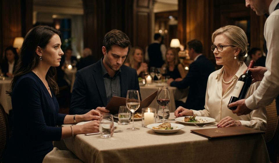 A woman at an anniversary dinner while her boyfriend's elegantly dressed mother orders expensive wine beside him.