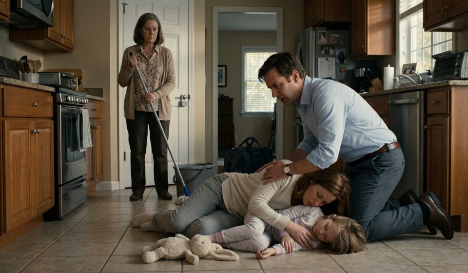 A shocked father kneels beside his weak wife and six-year-old daughter on their kitchen floor while his mother stands nearby holding a mop.