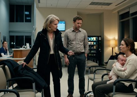 A worried young mother holds her feverish baby in a hospital emergency waiting room while her mother-in-law grips her husband's coat and demands that he leave.