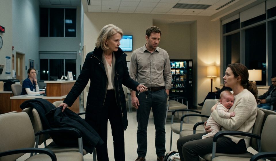 A worried young mother holds her feverish baby in a hospital emergency waiting room while her mother-in-law grips her husband's coat and demands that he leave.