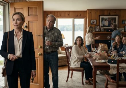 Older woman arriving at her lake house and discovering her daughter-in-law's parents and relatives gathered inside without permission