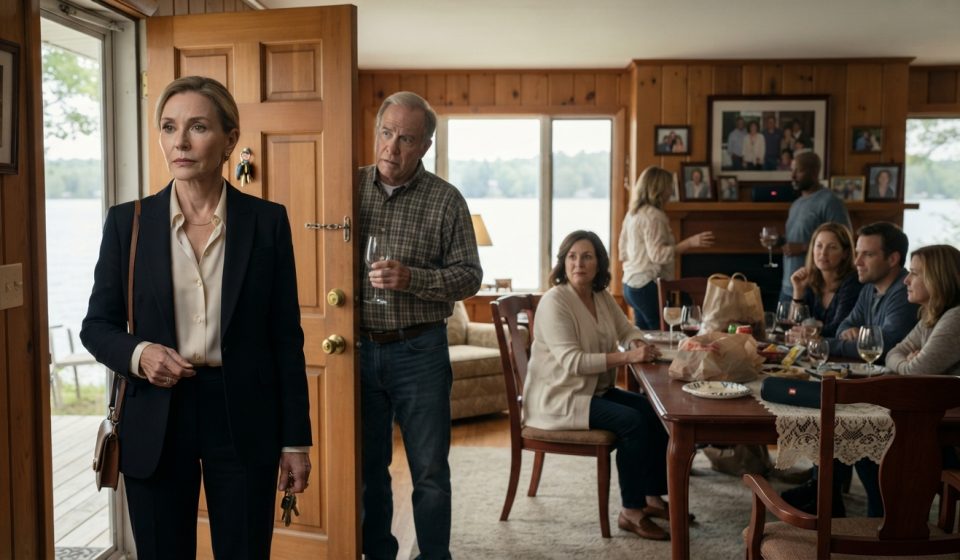 Older woman arriving at her lake house and discovering her daughter-in-law's parents and relatives gathered inside without permission
