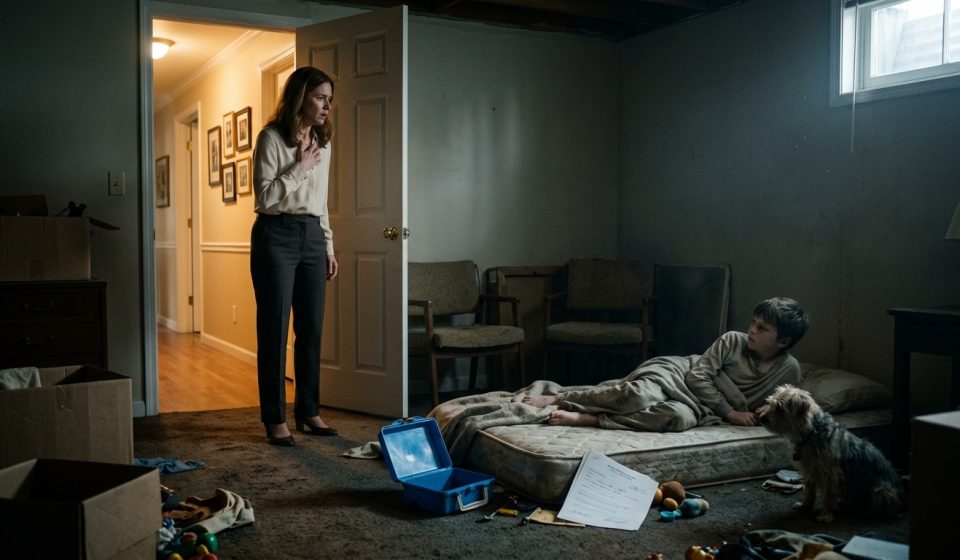 A concerned aunt kneels beside her seriously ill nephew in a neglected room, with a blue lunchbox and suspicious school withdrawal paperwork nearby.