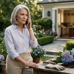 A 67-year-old woman holding her phone in disbelief beside freshly repotted hydrangeas in her sunlit kitchen after receiving an unexpected restaurant call.