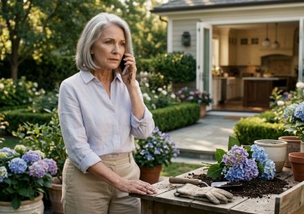 A 67-year-old woman holding her phone in disbelief beside freshly repotted hydrangeas in her sunlit kitchen after receiving an unexpected restaurant call.