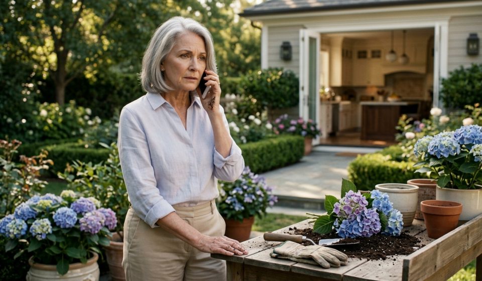 A 67-year-old woman holding her phone in disbelief beside freshly repotted hydrangeas in her sunlit kitchen after receiving an unexpected restaurant call.