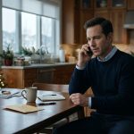 A thoughtful man makes an important phone call at his desk beside a decorated Christmas tree, with an envelope and pen in front of him.
