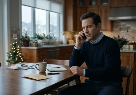 A thoughtful man makes an important phone call at his desk beside a decorated Christmas tree, with an envelope and pen in front of him.