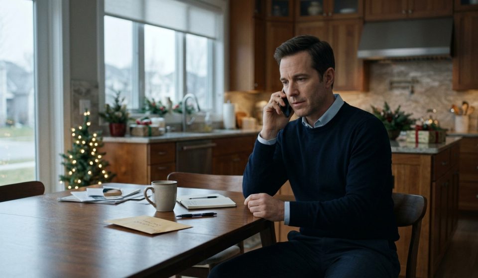 A thoughtful man makes an important phone call at his desk beside a decorated Christmas tree, with an envelope and pen in front of him.